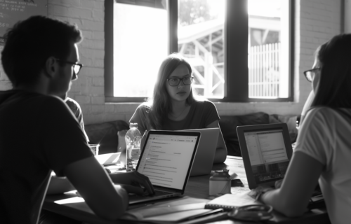 uczniowie z laptopami pracują w klasie